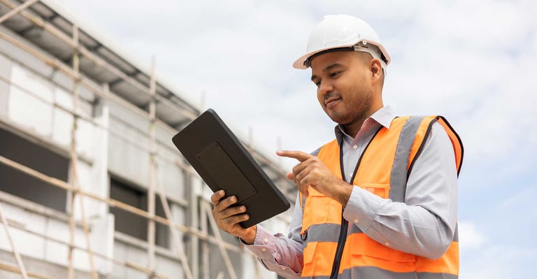 construction worker holding a tablet on site