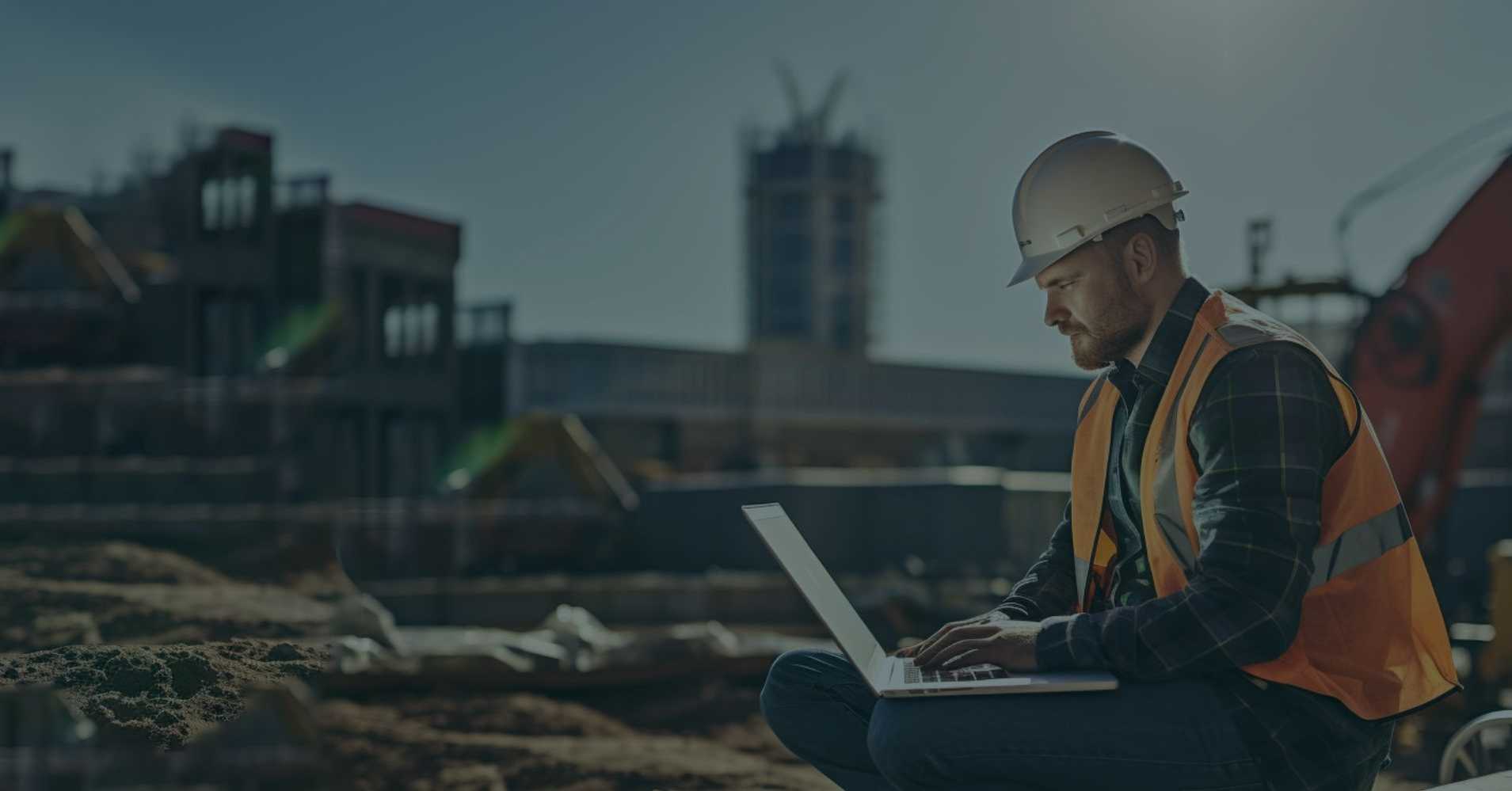 construction worker sitting with laptop on job site