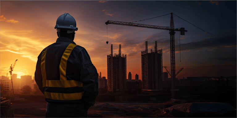 construction worker looking at site during sunset